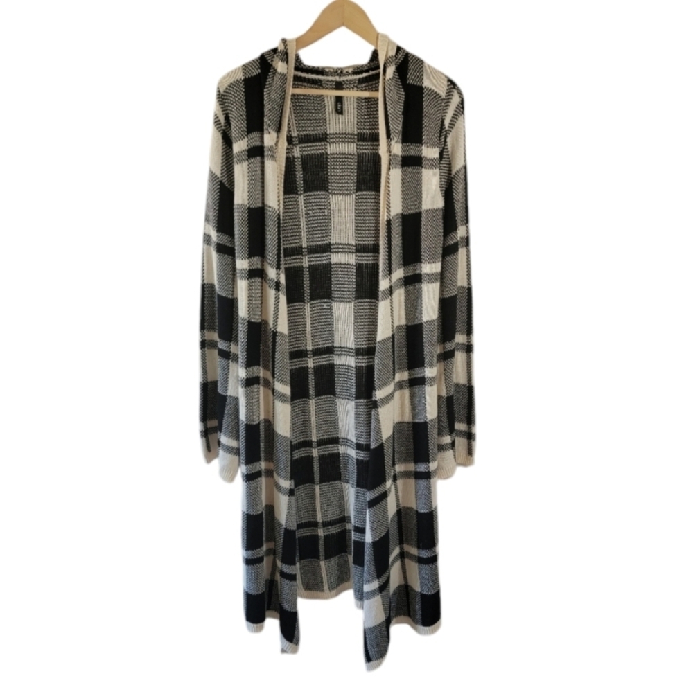 Elan Women's Black White Plaid Hooded Long Cardigan Sz L Birdeye Knit Academia